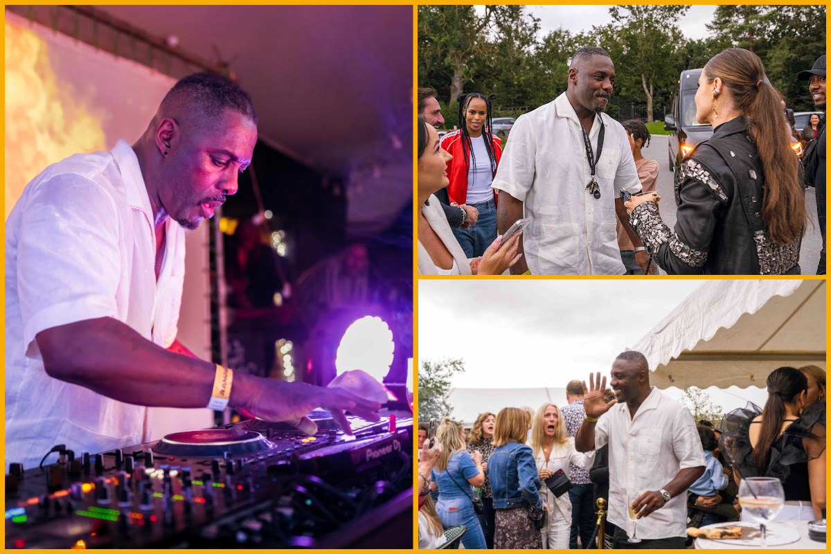 Images of Idris Elba performing, with Jade Holland Cooper and fans.